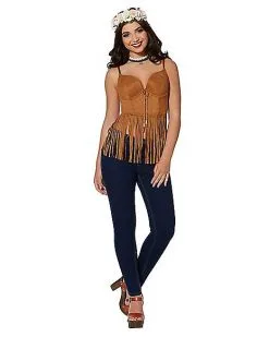 Spirit Halloween Adult Brown Suede Fringe Top -Costume Themes Shop 01315100 e