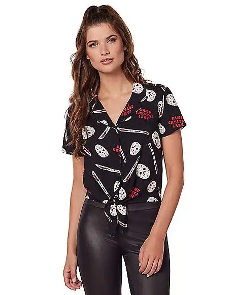 Spirit Halloween Jason Voorhees Tie Front Shirt - Friday The 13th 3 Spirit Halloween Jason Voorhees Tie Front Shirt - Friday The 13th