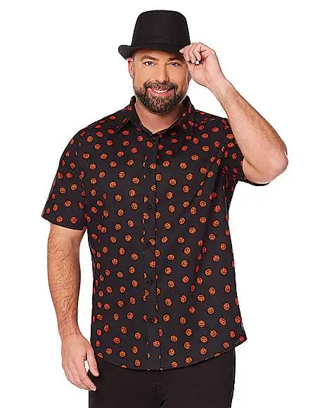Spirit Halloween Pumpkin Print Button Down Plus Size Shirt 3 Spirit Halloween Pumpkin Print Button Down Plus Size Shirt